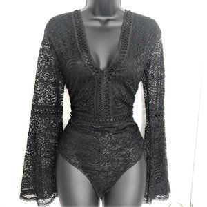 Elenza Long Bell Sleeve Bodysuit Black Lace